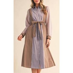 NEW EN MERCI button up mixed stripe shirt dress with belt in cocoa/blue